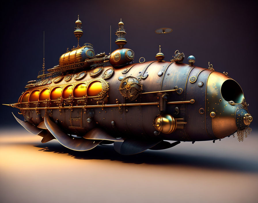 Fantastical steampunk submarine with gold and copper detailing on gradient background