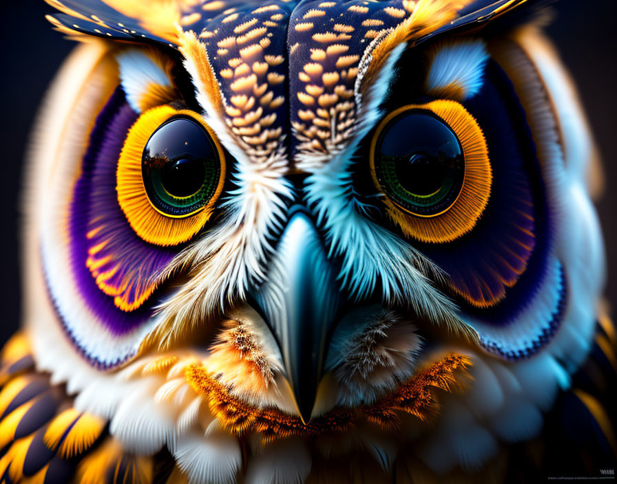 Vividly colorful stylized owl with large multicolored eyes and intricate feather patterns