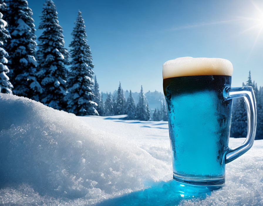 Chilled blue beer in snowy setting with sunlit pine trees
