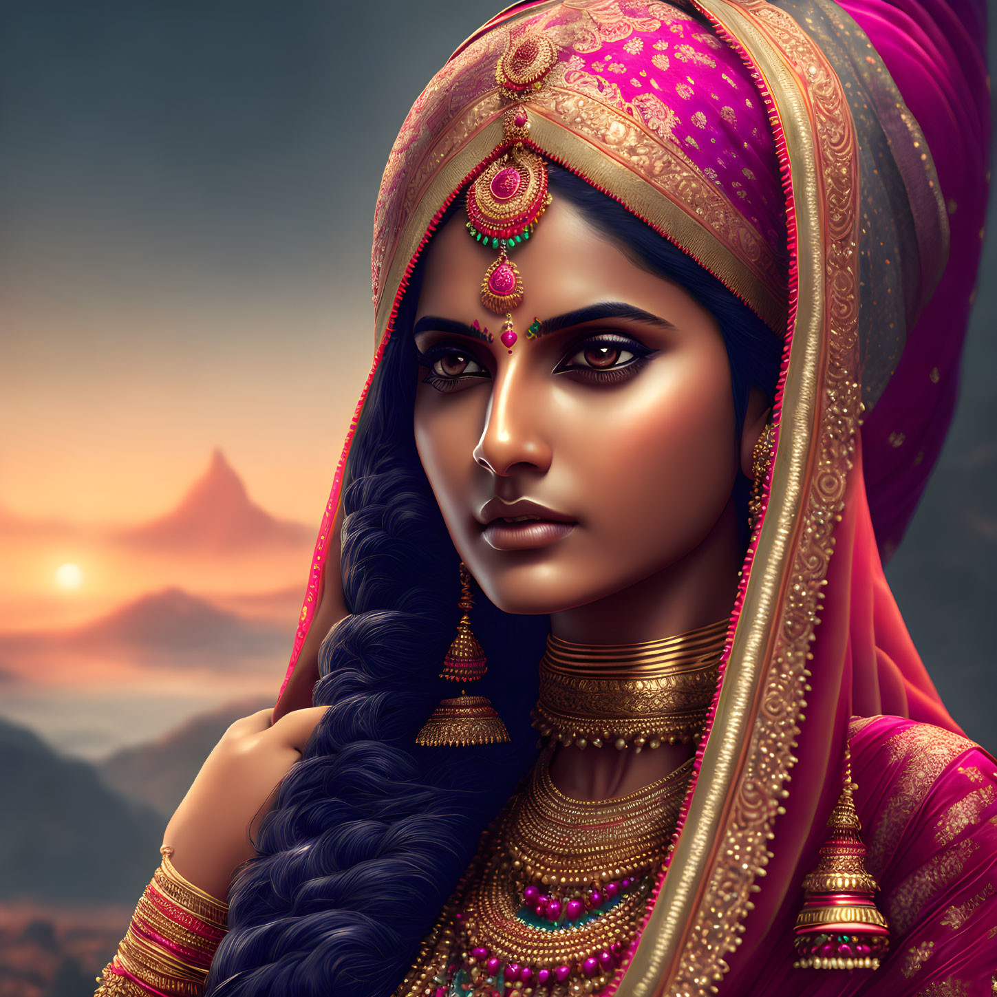 Traditional Indian attire woman with sunset and mountain