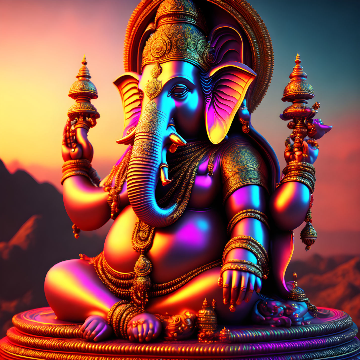 Detailed Lord Ganesha digital artwork in warm tones against mountainous backdrop