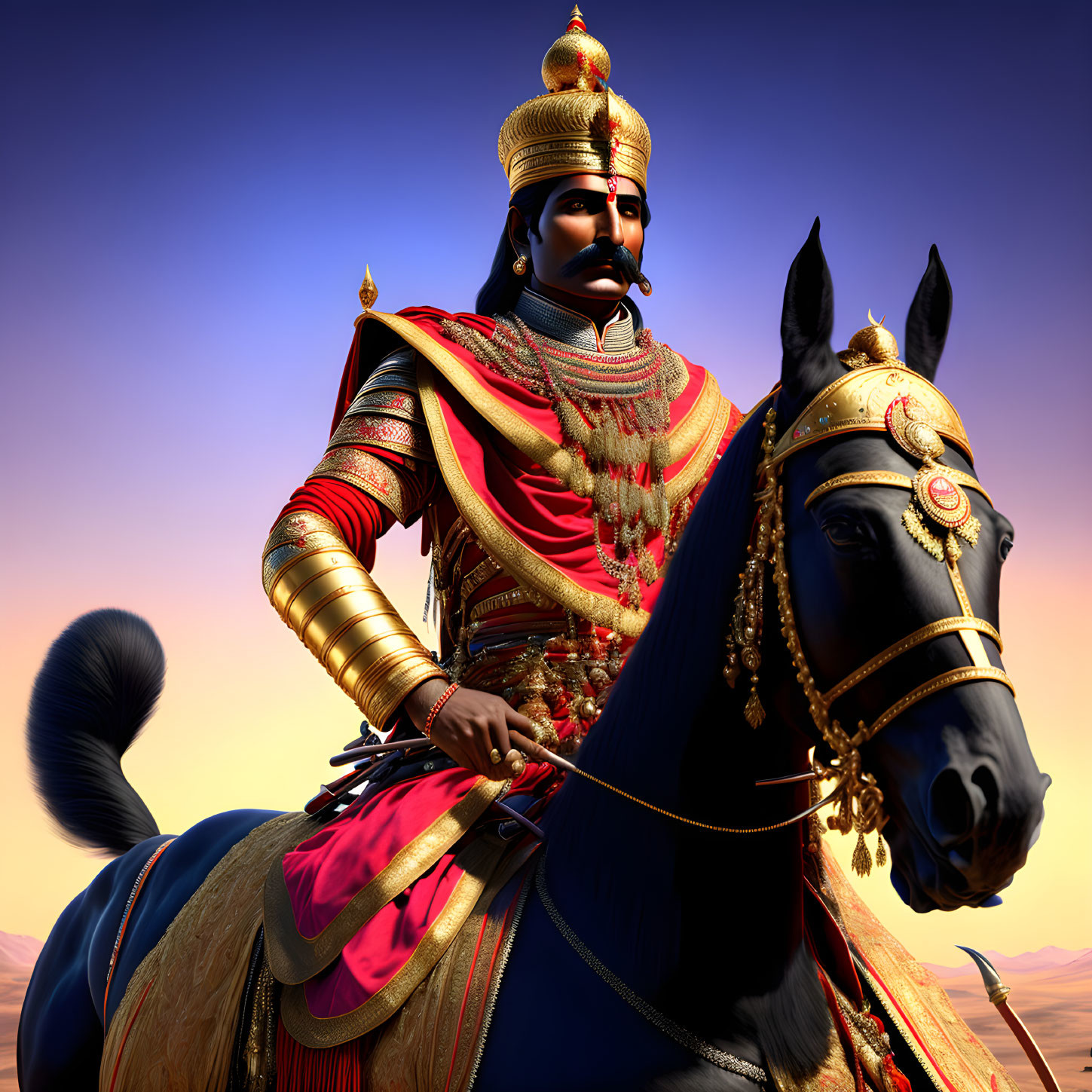 Regal warrior in traditional armor on majestic black horse in dusky sky.