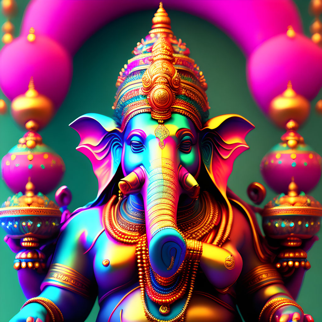 Colorful digital artwork of Ganesha with intricate ornaments and floating spheres