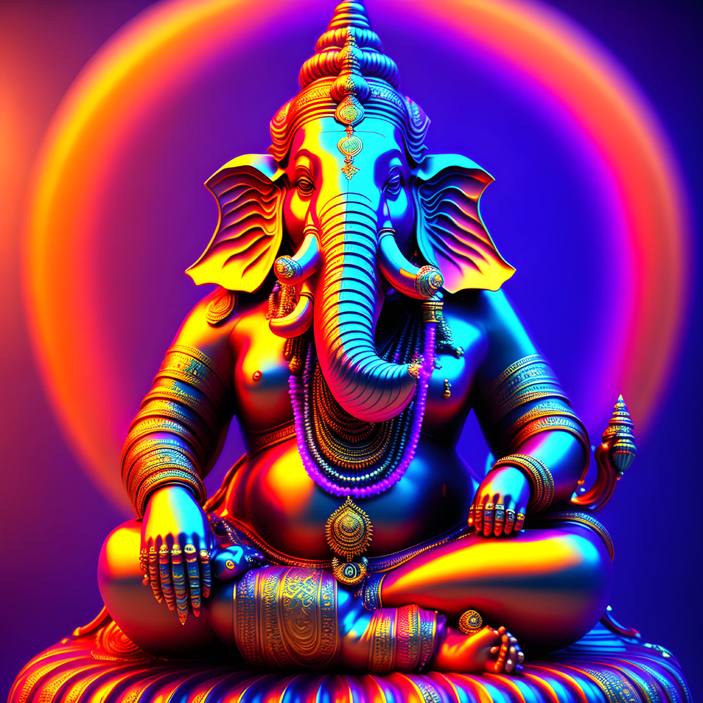 Detailed digital art of Lord Ganesha seated in lotus position, with vibrant aura and ornate