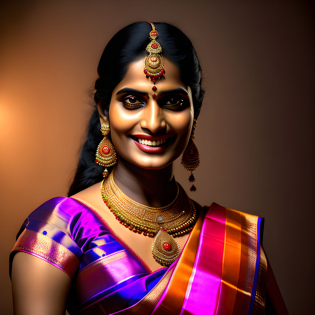 Traditional Indian Attire: Smiling Woman in Purple and Orange Saree