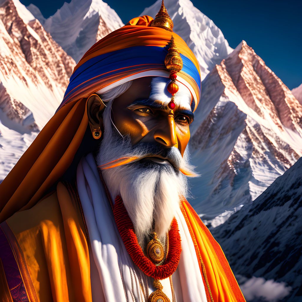 Digital artwork: Wise man with white beard, ornate turban, traditional jewelry in snowy mountain scenery