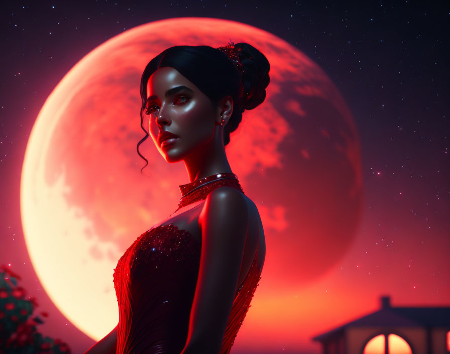 Woman in black dress under giant red moon with night skies and house silhouette
