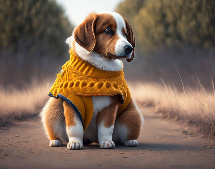 Brown and White Dog in Yellow Knitted Sweater Surrounded by Autumn Foliage