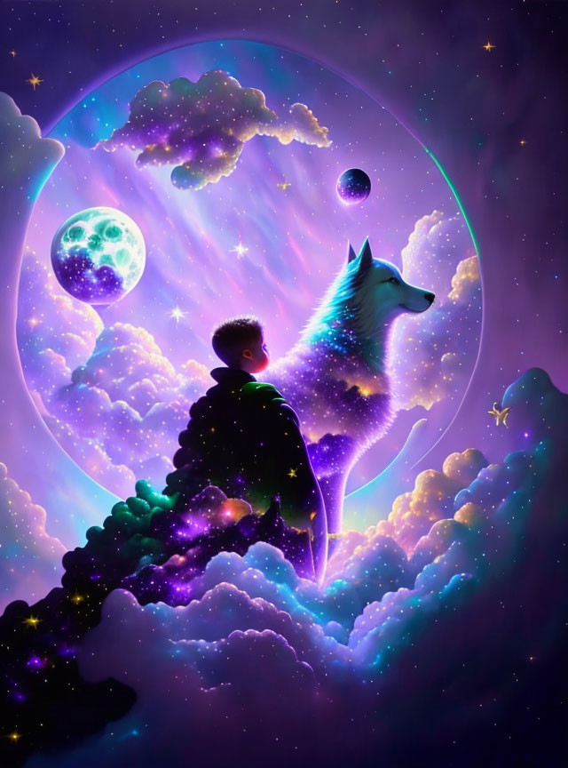Surreal artwork of boy and wolf in cosmic space scene