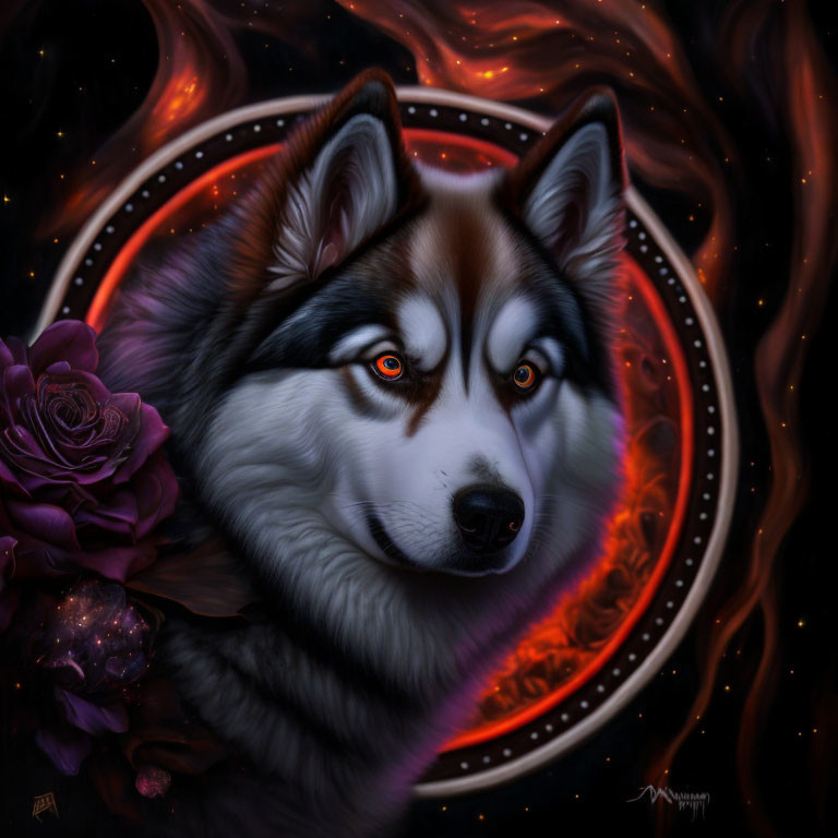 Digital Artwork: Husky with Amber Eyes, Orange Mandala, Purple Rose