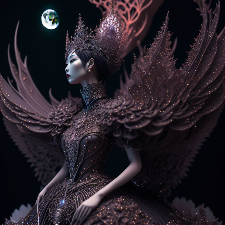 Digital artwork of regal woman with ornate wings and headdress against dark backdrop.