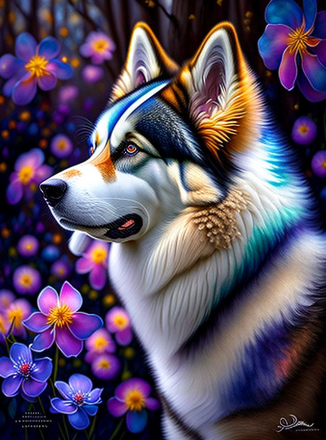 Colorful Digital Painting of Husky with Blue Eyes Among Purple and Blue Flowers