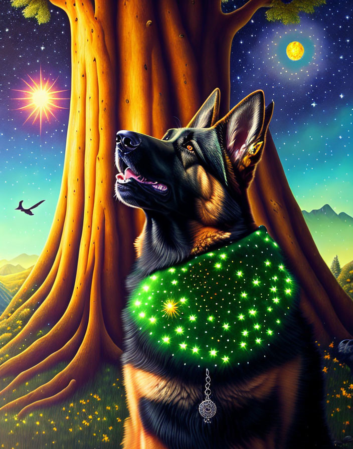 Majestic dog with starry coat and pendant against vibrant night sky
