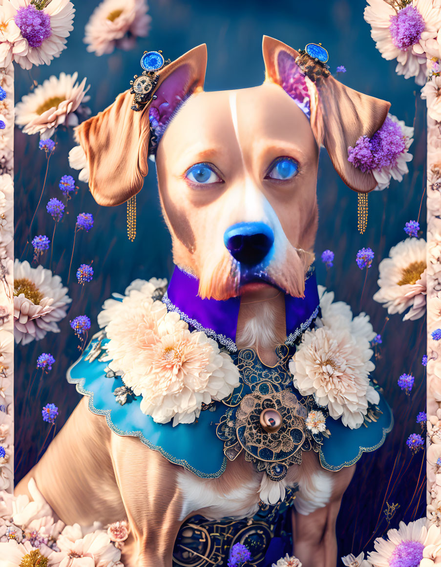 Stylized portrait of a dog with human-like eyes and ornate jewelry in floral frame