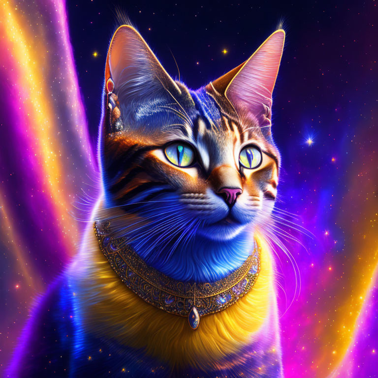 Colorful digital artwork: Majestic cat with cosmic background
