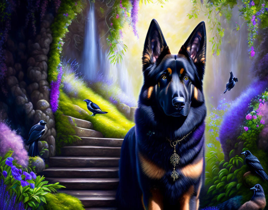 Majestic black and tan dog near stone staircase in lush forest setting