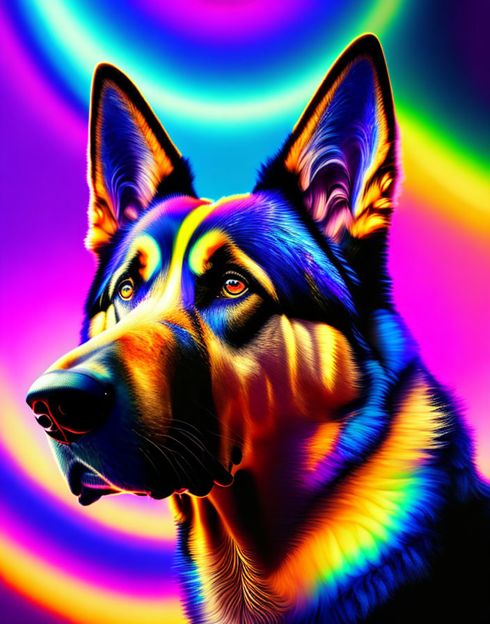 Colorful German Shepherd Digital Artwork with Psychedelic Rainbow Theme