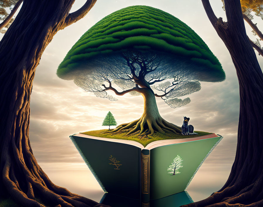 Fantasy landscape depicted in open book with tree and figure
