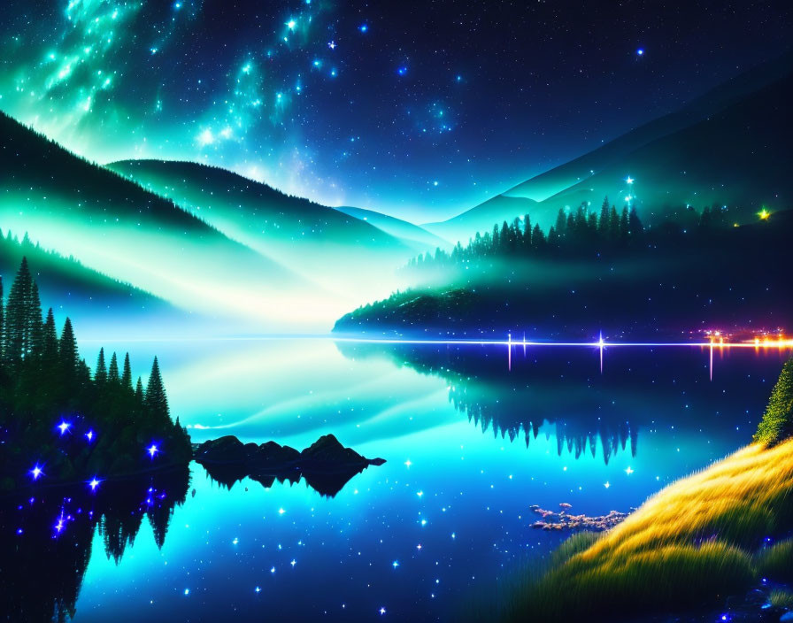 Nighttime Landscape: Aurora Sky Reflecting on Calm Lake