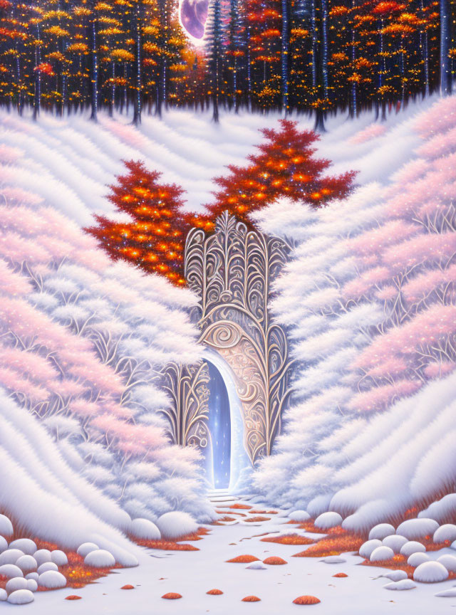 Glowing ornate door in snowy landscape with luminescent trees