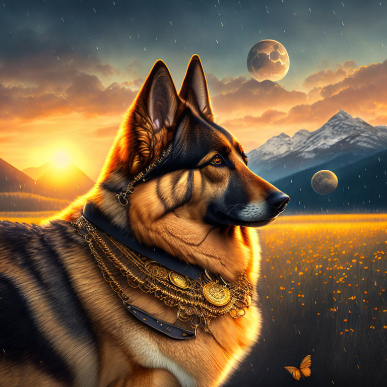 German Shepherd adorned with jewelry in field at sunset with mountains and full moon