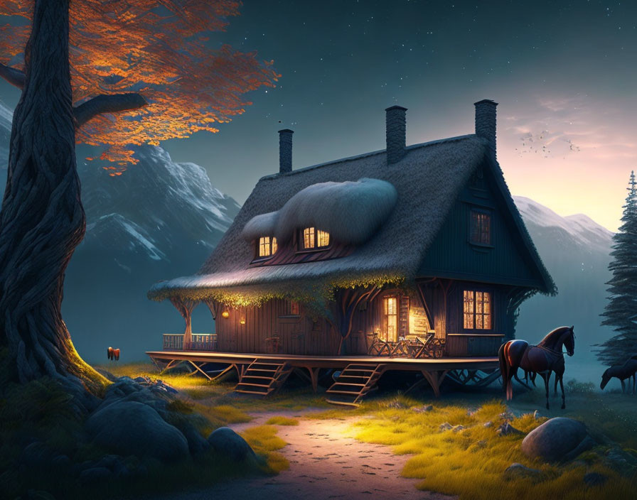 Thatched Roof Cottage at Twilight with Horse and Mountains