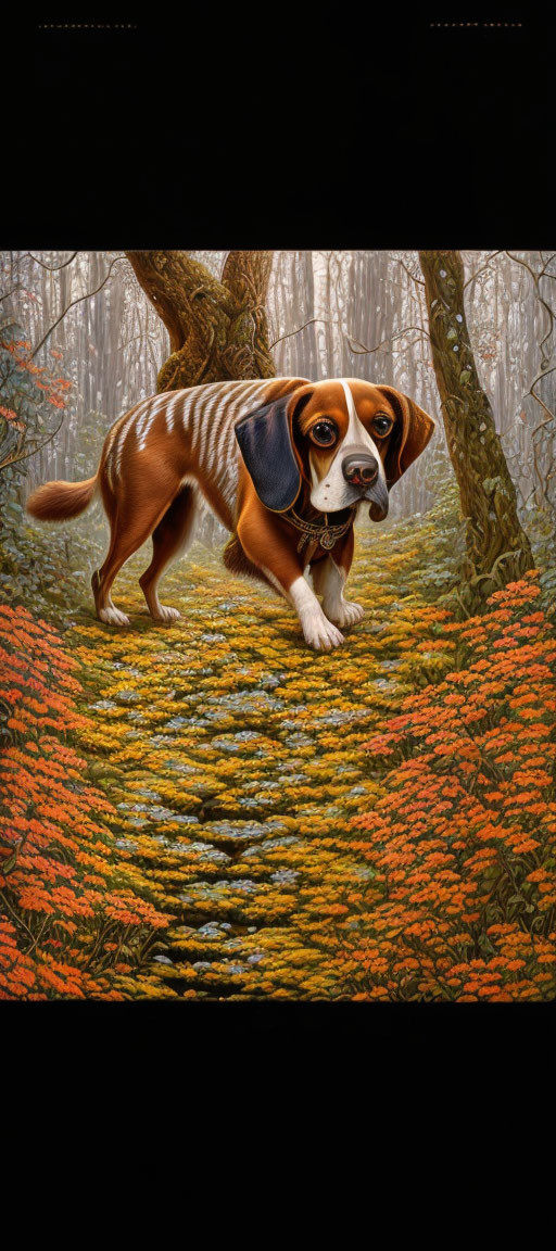Surreal artwork: Dog with oversized human-like eyes in forest landscape