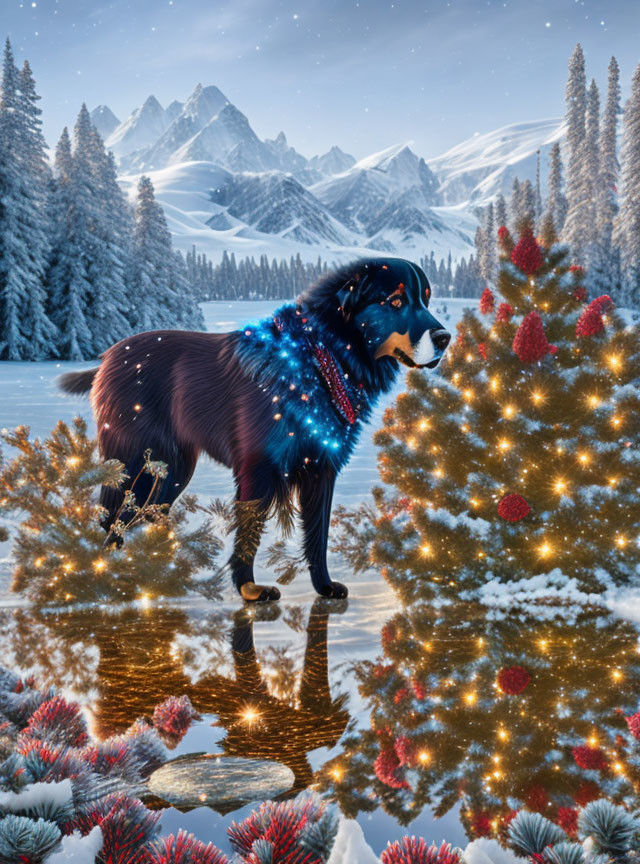 Festive dog with lights near bush, snowy landscape background