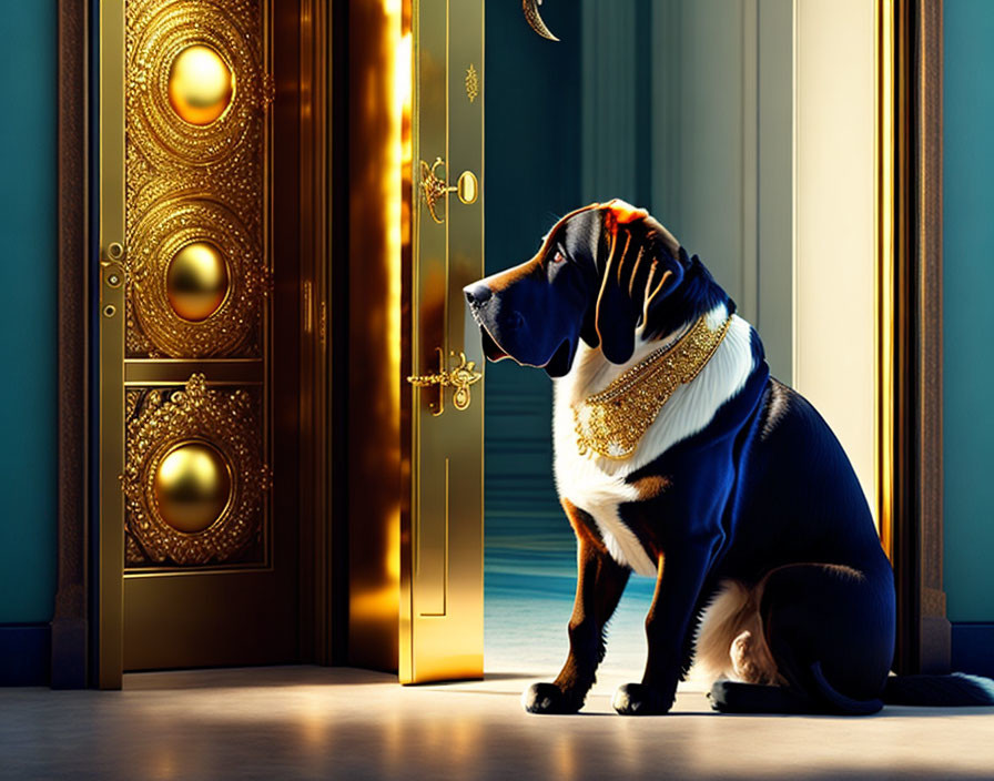 Regal Dog with Gold Necklace by Luxurious Door