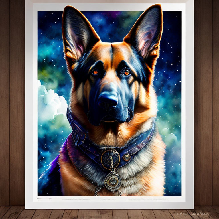German Shepherd Artwork with Cosmic Background and Detailed Collar Displayed on Wooden Wall