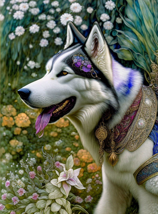 Siberian Husky adorned with floral decorations in vibrant garden