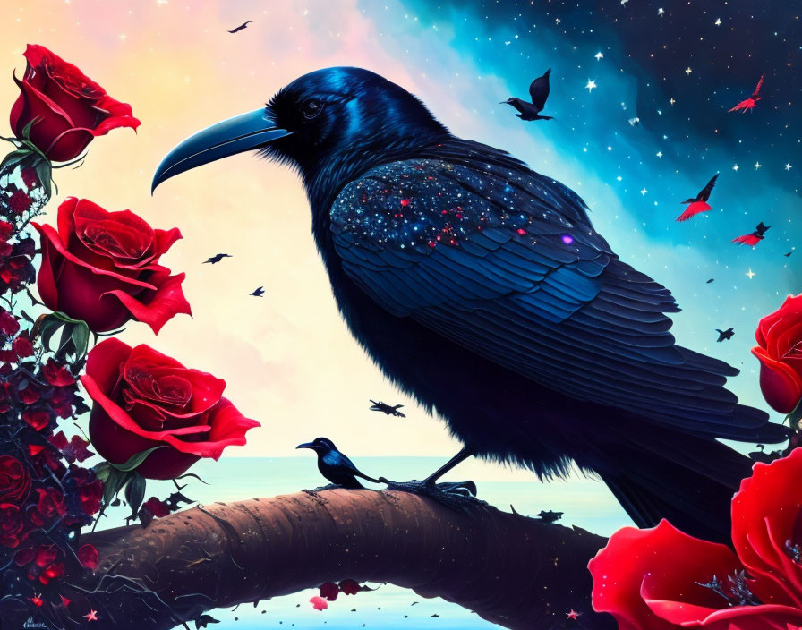 Colorful Raven Artwork with Red Roses and Starry Sky