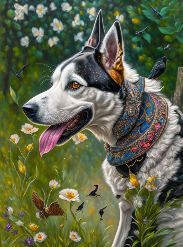 Vibrant painting of armored dog in lush meadow