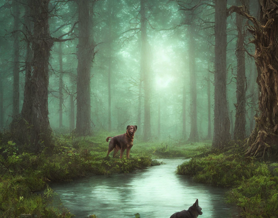 Tranquil forest scene with stream, moss, mist, and dogs