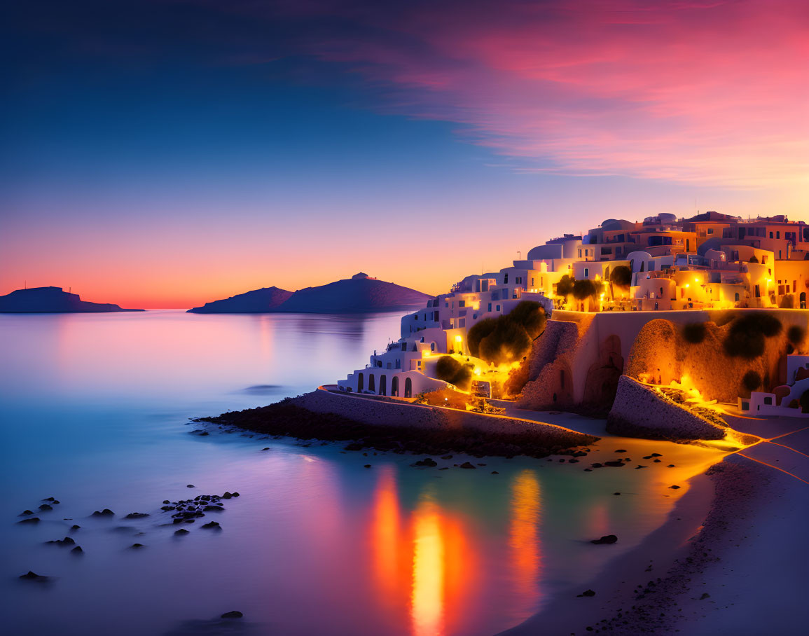 Sunset view of whitewashed buildings and blue domes by the sea with purple-orange sky.