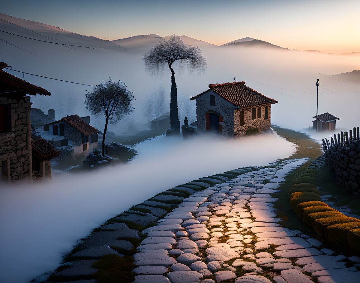 Serene village with cobblestone path and rustic houses in foggy dawn or dusk
