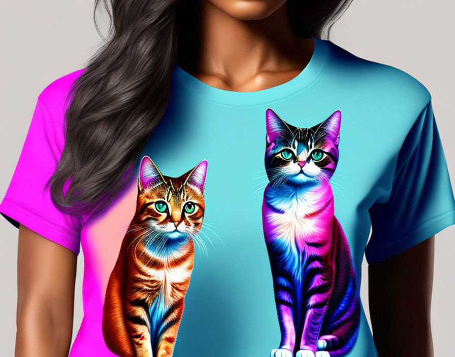 Colorful Cat Print T-shirt Featuring Orange and Violet Cats