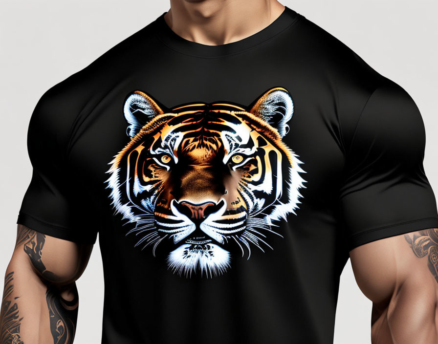 Person in Black T-Shirt with Tiger Graphic and Tattoos