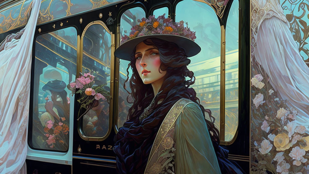 Woman with Dark Hair in Floral Hat in Vintage Train Carriage with Art Nouveau Designs