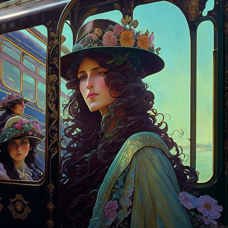Vintage Woman in Flowered Hat and Dress Reflecting in Train Window