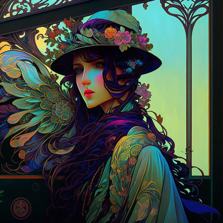Colorful Winged Woman with Floral Hat in Mystical Art Nouveau Setting