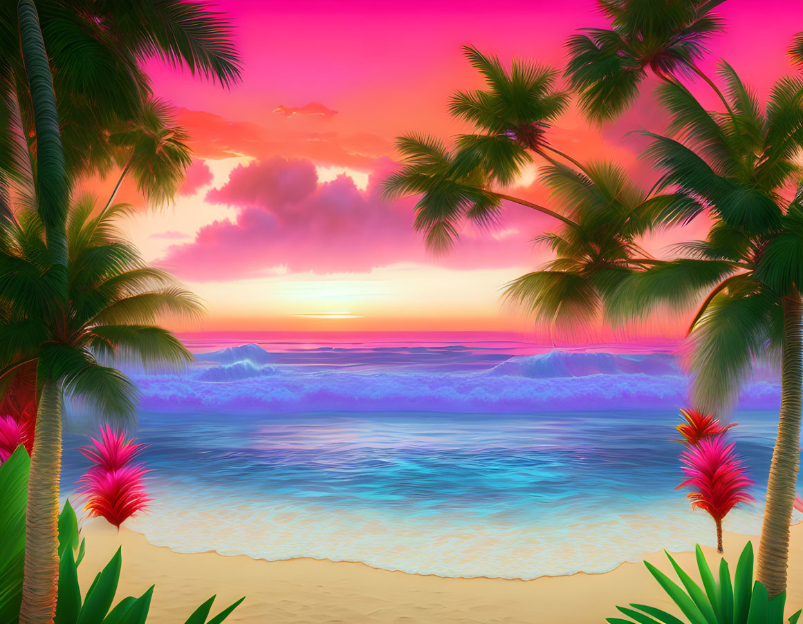 Tropical beach scene with palm trees, colorful sky, ocean waves, and tropical flowers