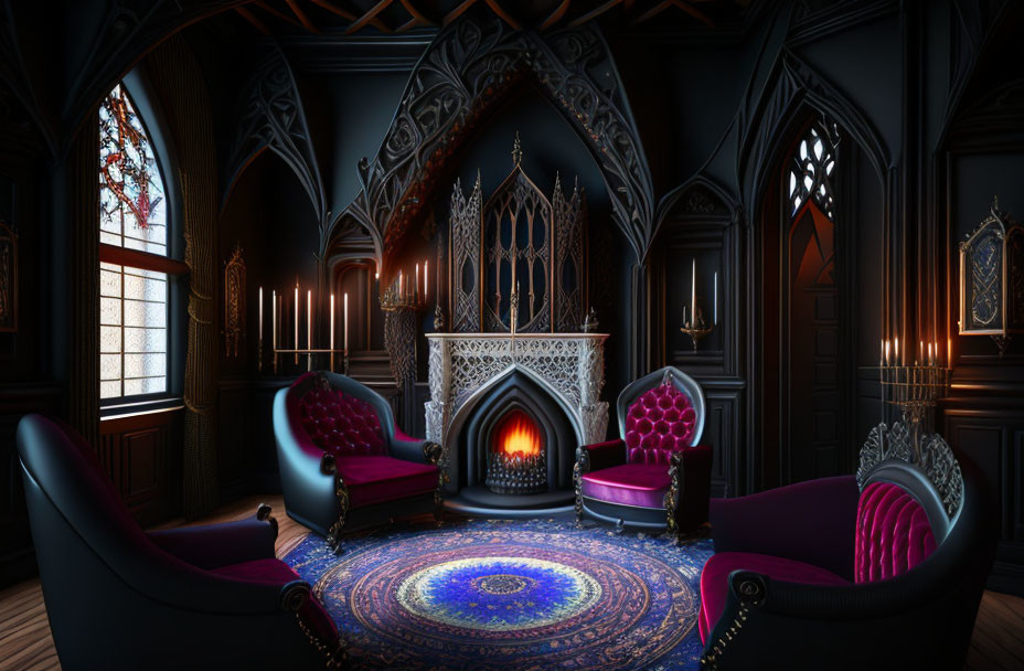 Gothic-style room with fireplace, stained glass windows, purple armchairs