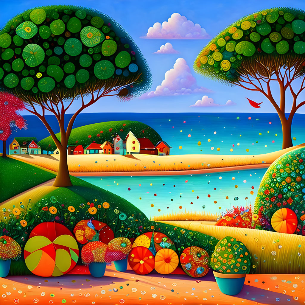 Colorful, Stylized Landscape with Trees, Houses, and Sea in Vibrant Art Piece