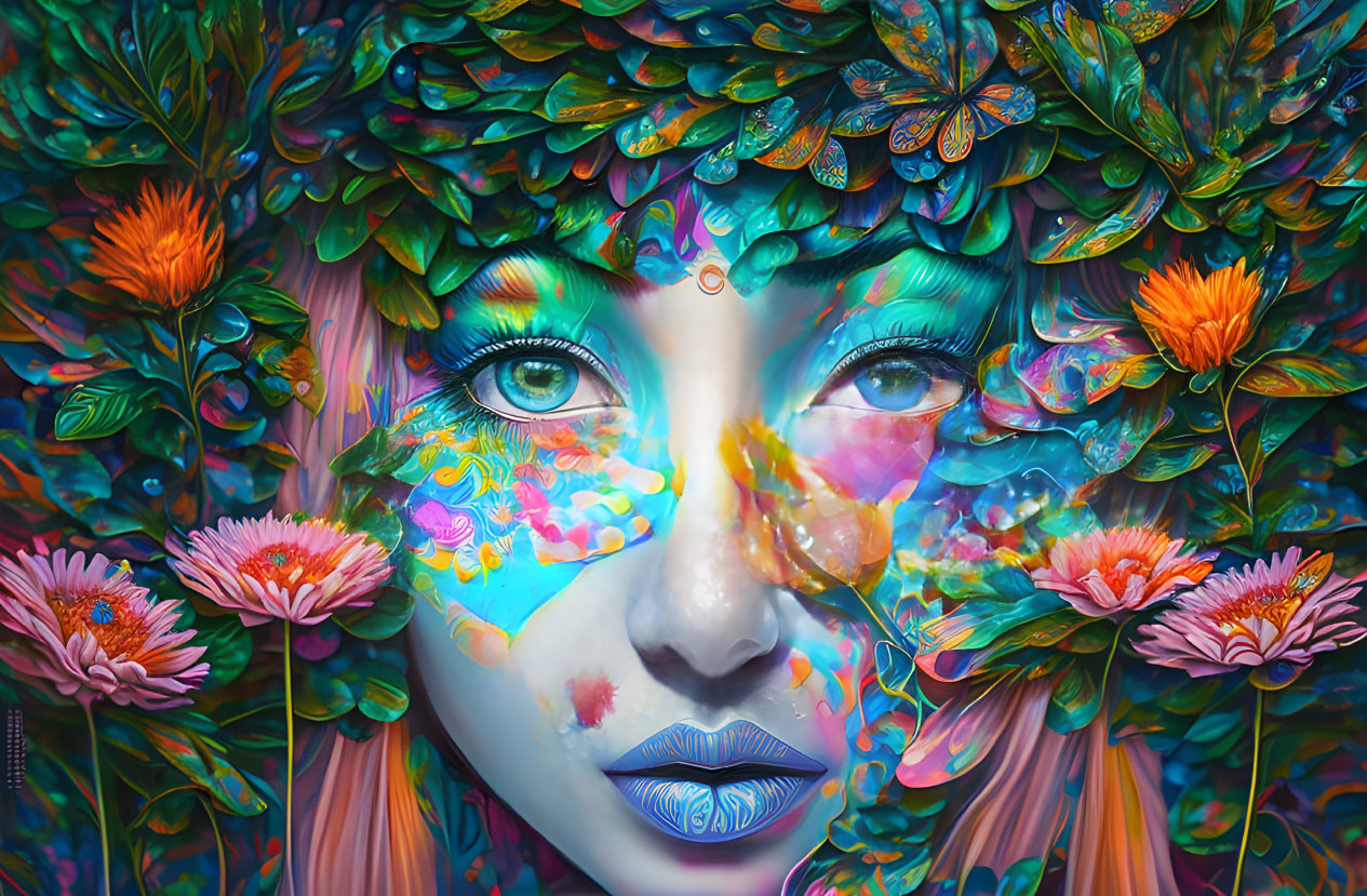Colorful portrait of a person with blue eyes and floral patterns, radiating fantasy vibes