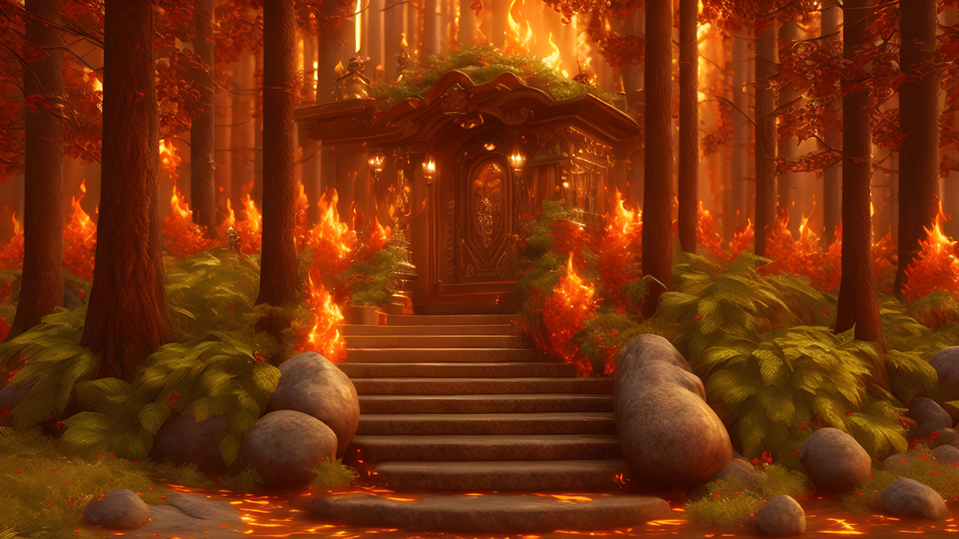 Enchanted forest scene with mystical wooden door