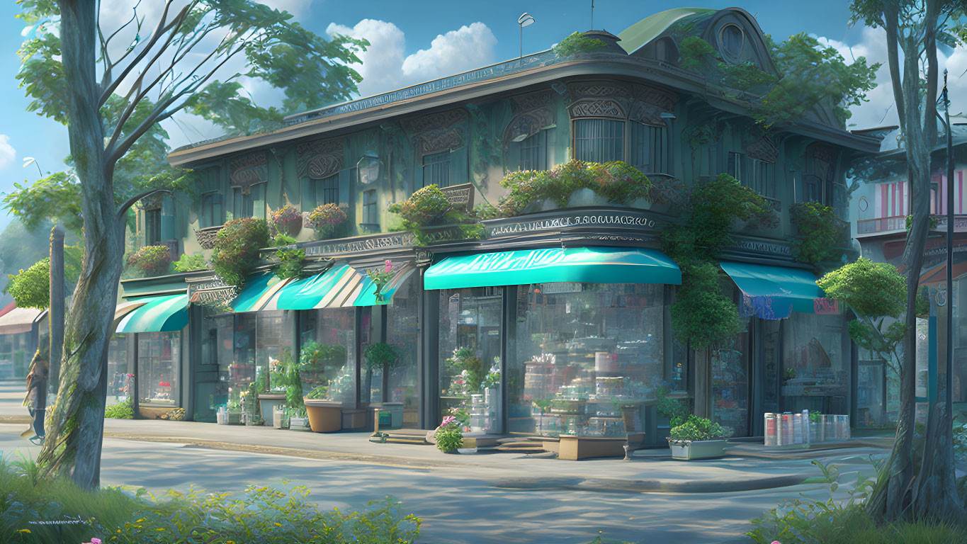 Vintage corner building with green awnings and flower boxes under clear sky