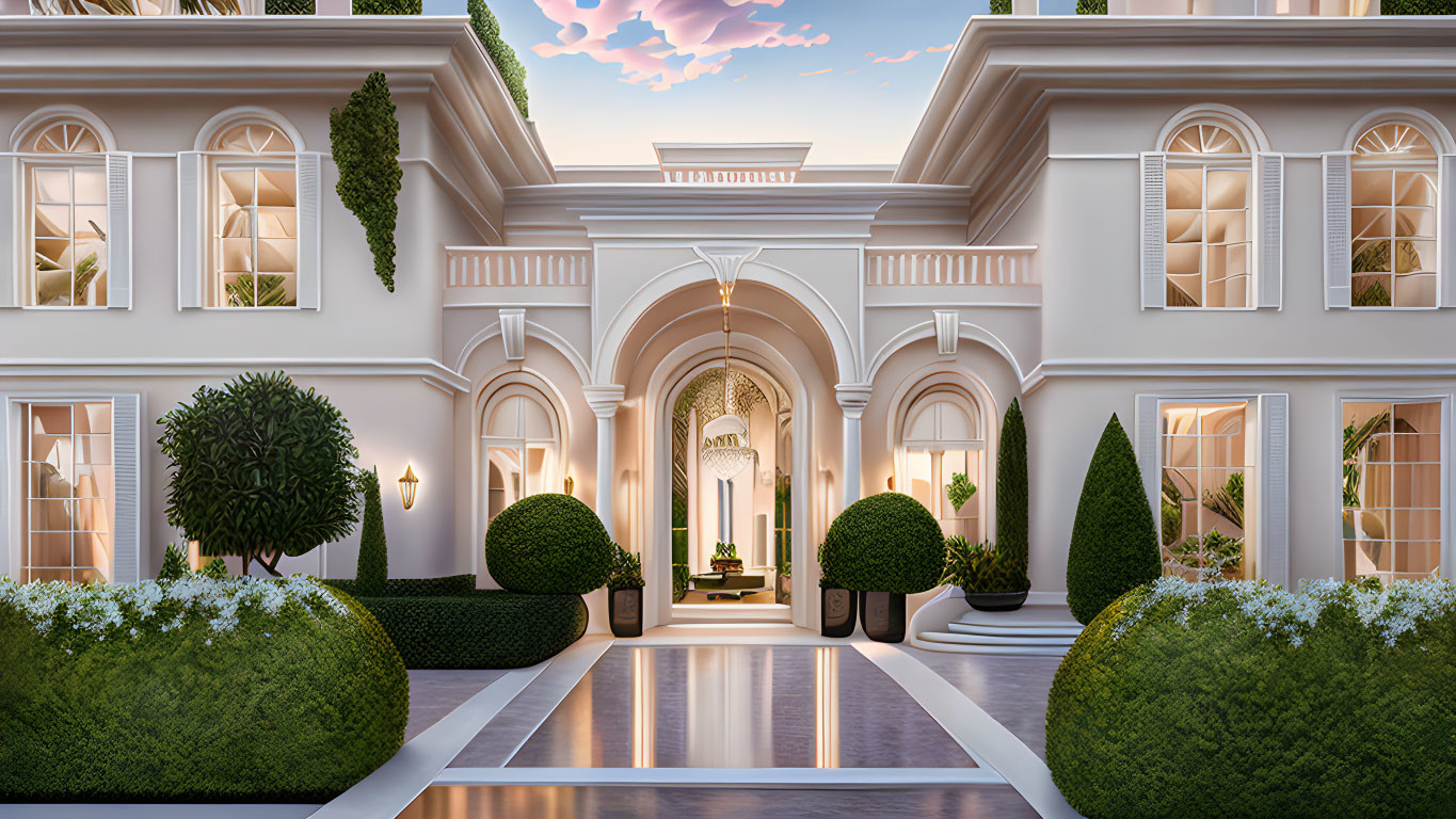 Symmetrical White Mansion with Columns and Topiary Bushes at Dusk
