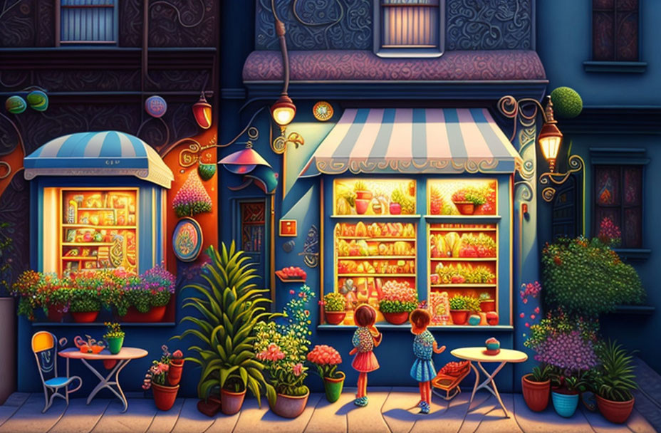 Vibrant street scene with bakery, cafe, and children admiring treats