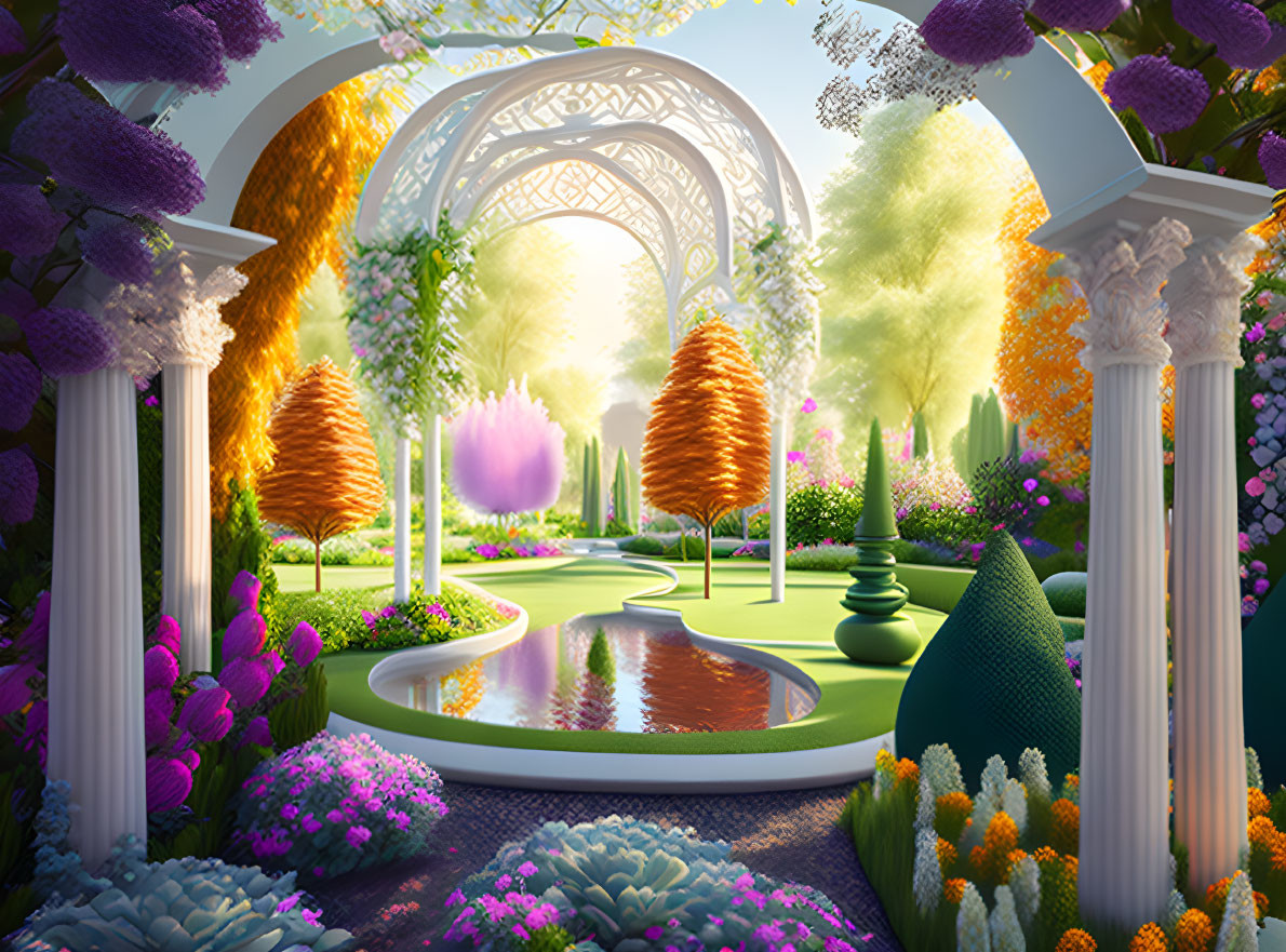 Colorful Garden with Archway, Reflecting Pond, and Lush Plants